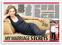 Michelle Pfeiffer reclines on a sofa; magazine spread titled "My Marriage Secrets," includes family photo.