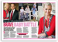 A magazine spread titled "Brave Baby Battle" featuring Sarah Murdoch with family photos and a smiling portrait.