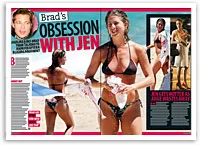 Jennifer in a bikini on a beach, with article text overlay, featuring "Brad's Obsession with Jen" headline.