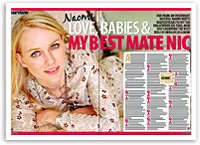 Naomi in a floral dress lying down beside bold headline "LOVE, BABIES & MY BEST MATE NIC" with text on the right.