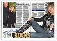 Suzi Quatro magazine spread with a headline "Still Rocks," featuring images of her in rock-inspired attire.
