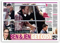 Ben Affleck and Jennifer Lopez sitting closely together, smiling and conversing, in a casual outdoor setting.