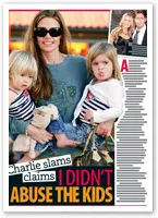 Woman with sunglasses holding two children, headline reads "Charlie slams claims I didn't abuse the kids."