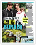 Tom and Katie with their child; headline reads "Tom & Katie's Alien Bunker" with an illustrated bunker diagram.
