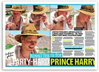 Magazine layout featuring a man in a hat in various playful poses, titled "Party-Hard Prince Harry."
