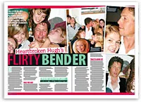 Hugh surrounded by partygoers, smiling, close interactions, collage of festive moments, lively atmosphere.