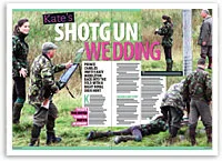 Group of people in camouflage gear on a grassy field, some holding shotguns with "Kate's Shotgun Wedding" text overlay.