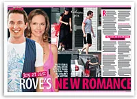 Rove McManus and actress Tasma Walton photographed together; includes candid shots and magazine article text.