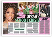 Magazine spread with Oprah's image, headline "Oprah's School Crisis," and photos of students in uniform.
