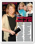Martha Stewart holding a clutch at an event; magazine cover titled "surrogate mum at 66" with an inset image of two women.