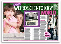 Suri in pink with her mother, featuring "WEIRD SCIENTOLOGY WORLD" headline, building, and article text in background.