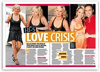 A magazine spread titled "Hi-5 Love Crisis" with images of a blonde woman and a couple attending an event.