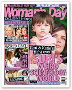 Cover of Woman's Day magazine featuring a young child and an adult, headline about "Suri's Weird Scientology World."