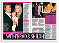 Celebrity magazine spread featuring "Jens-secret-meeting-with-brad-and-shiloh" headline, with images of three people.