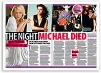 Magazine spread titled "The Night Michael Died" with images of a blonde woman, a woman in black, and a procession.