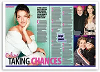 Celine Dion magazine spread with "Taking Chances" headline, featuring her in white attire and two side images with family.