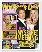 "Women's Day magazine cover featuring a man, woman, and a baby. Headline: Jen's secret meeting with Brad & Shiloh."