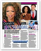Oprah's magazine article cover with headline "Love Scandal" featuring Oprah and two smaller inset photos.