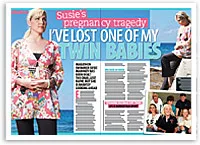Susie in a floral top holds her belly, headline reads "I've Lost One of My Twin Babies," featured in a magazine layout.