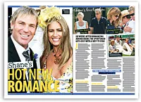 Shane and a woman smiling at an event, surrounded by text about a romance.