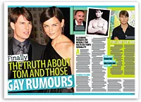 Couple at event, magazine layout discussing rumors and celebrities, includes text and smaller inset images.