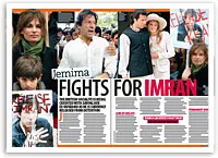 Jemima supports Imran Khan with protest images, featuring signs and diverse crowd, highlighting a passionate campaign.