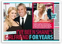 Kerre Lee and Shane posing together; side text highlights their relationship in a magazine article.