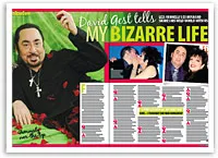 David Gest lies on green fabric with rose petals; inset images show him with others, headline reads "My Bizarre Life."
