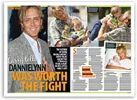 Larry smiling in a magazine spread with photos of him and Dannielynn, highlighting a story about their relationship.