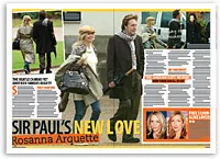 Sir Paul with Rosanna Arquette strolling outdoors, image collage with text discussing their relationship.