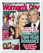 "Woman's Day magazine cover featuring a man and woman smiling, with various smaller images and article headlines."