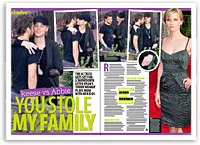 Reese and Abbie in a magazine layout with text "You Stole My Family" and various images, including red carpet event.