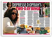 Oprah enjoying various dishes; headline mentions "Two-Day Binge" with images of food items around her.