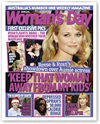 Cover of Woman's Day magazine featuring a blonde actress with headlines about her personal life and other celebrity news.