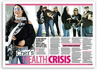 Cher's health crisis magazine spread featuring candid photos of her walking with friends, text in bold pink and black.