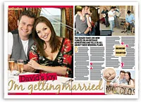 Couple smiling together, featuring the text: "David’s joy, I’m getting married," with wedding-related images.