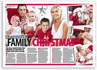 Family Christmas photo with parents and three young children wearing festive attire, sitting around a Christmas tree.