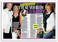 Couple smiling at an event, magazine spread with headline "I've Never Been So Happy," featuring various photos and text.