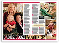 Carrie Wilson smiling with family; includes images of her child, a dog, and a playful moment on a swing.