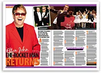 Elton John in a red jacket, performing; includes text "The Rocket Man Returns" and concert images.