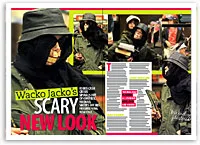Man in dark clothing and face mask shopping in a store, with text "Wacko Jacko's Scary New Look" on magazine page.