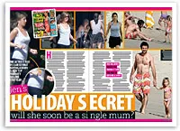 Jen on holiday; wearing casual outfits on various occasions; headline questions if she will soon be a single mum.