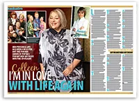 A woman smiles confidently while standing, with text reading "Colleen: I'm in love with life again" and article content.