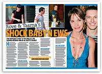 Magazine spread with headline "Rove & Tasma's Shock Baby News" featuring various candid and posed images.
