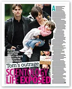 Tom's outrage headline on Scientology with a family photo and blurred text in a magazine layout.