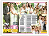 Wedding magazine spread featuring a couple posing outdoors, bride in white dress, and several guests celebrating.