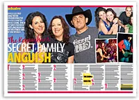 Family on magazine cover with "The Kernaghans Secret Family Anguish" headline; features multiple people in various poses.