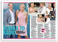 Sonia and Todd pose together in stylish outfits, featured in a magazine layout with additional photos and text.