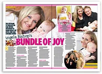 Angela Bishop smiling with a baby in a magazine feature titled "Angela Bishop's Bundle of Joy," showing family moments.