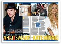 Page from a magazine article discussing Heath Ledger's death, featuring images of him and Mary-Kate Olsen.